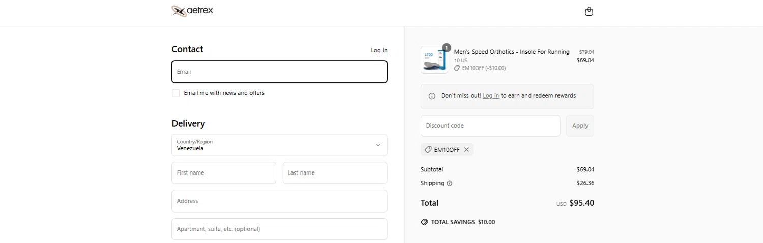 Aetrex promo code screenshot showing code EM10OFF applied at Aetrex checkout page. Uploaded by SimplyCodes community member OnlywM on Jun 24, 2025