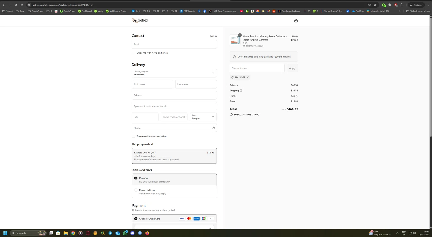 Aetrex promo code screenshot showing code em10off applied at Aetrex checkout page. Uploaded by SimplyCodes community member UnkNownVnzla on Jul 19, 2025