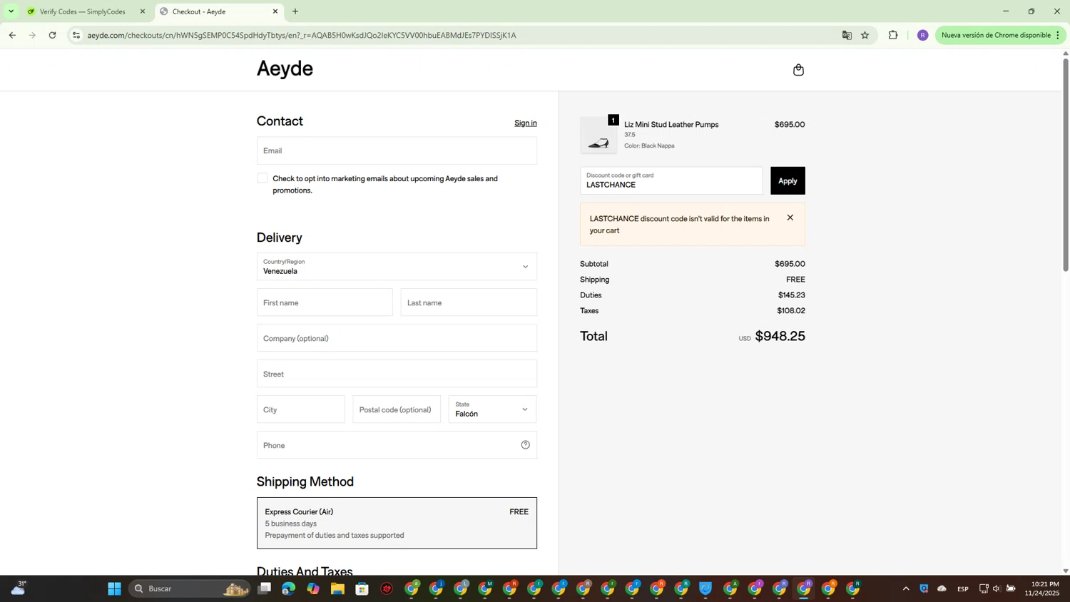 Aeyde promo code screenshot showing code LASTCHANCE applied at Aeyde checkout page. Uploaded by SimplyCodes community member CouponBoss4754 on Nov 25, 2025