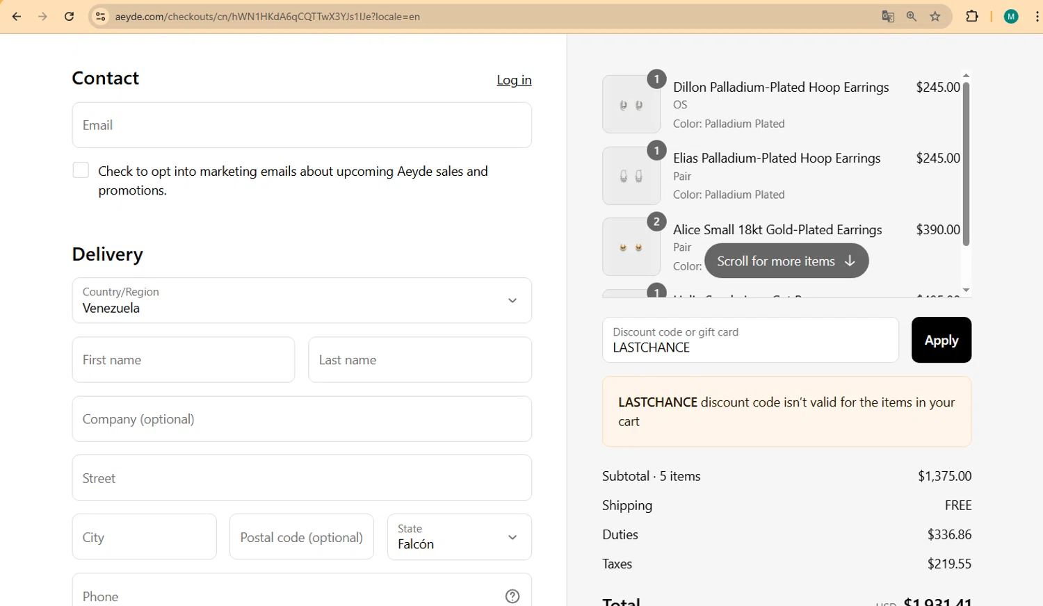 Aeyde promo code screenshot showing code LASTCHANCE applied at Aeyde checkout page. Uploaded by SimplyCodes community member marco007 on Aug 1, 2025
