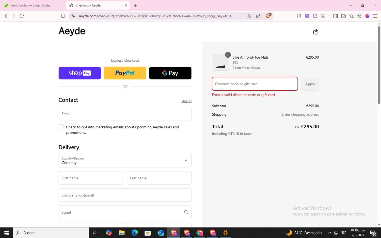 Aeyde promo code screenshot showing code PF25 applied at Aeyde checkout page. Uploaded by SimplyCodes community member CodeLynx5272 on Aug 8, 2025