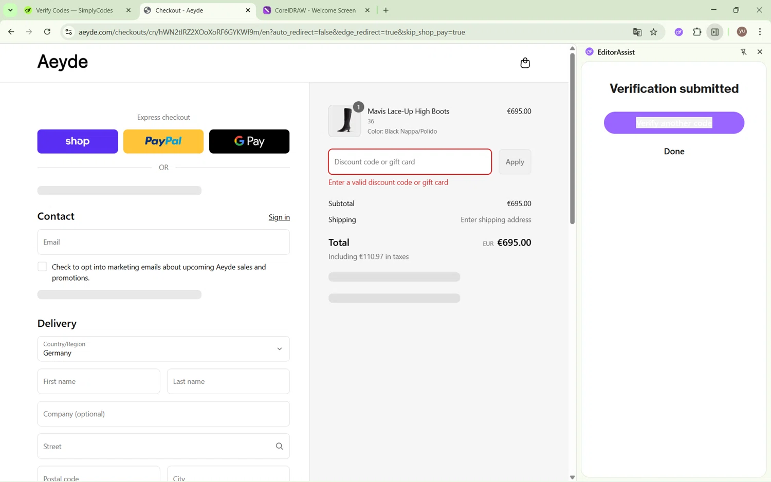 Aeyde promo code screenshot showing code EXTRA15 applied at Aeyde checkout page. Uploaded by SimplyCodes community member Yuyu12 on Sep 12, 2025