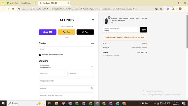 Afends checkout page showing Afends promo code box | Screenshot taken by SimplyCodes community member on Aug 9, 2025