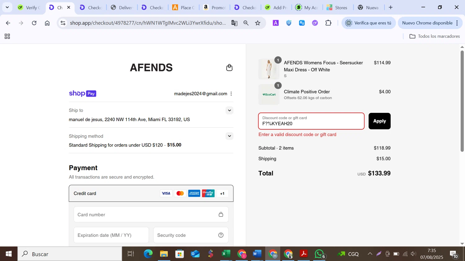 Afends promo code screenshot showing code F?%KYEAH20 applied at Afends checkout page. Uploaded by SimplyCodes community member MANUELURBINA on Aug 7, 2025