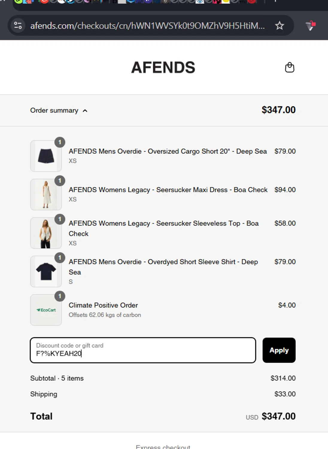 Afends promo code screenshot showing code F?%KYEAH20 applied at Afends checkout page. Uploaded by SimplyCodes community member RafaLB on Aug 7, 2025