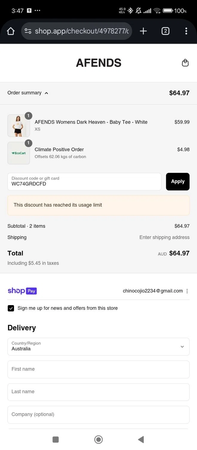 Afends promo code screenshot showing code WC74GRDCFD applied at Afends checkout page. Uploaded by SimplyCodes community member Bjhfuhdf on Aug 12, 2025