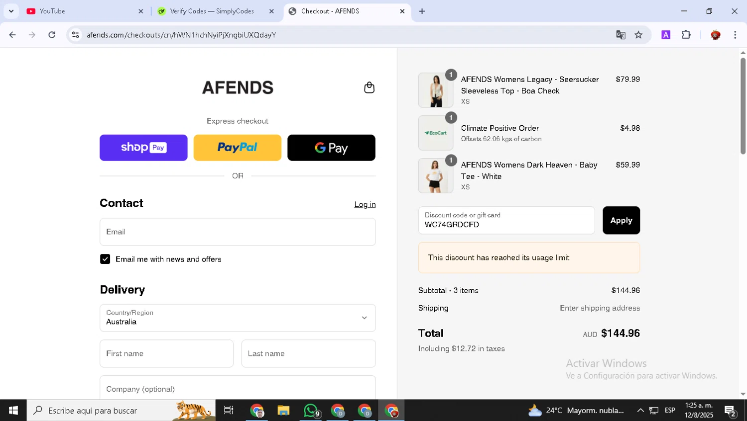 Afends promo code screenshot showing code WC74GRDCFD applied at Afends checkout page. Uploaded by SimplyCodes community member BonusVoyager7570 on Aug 12, 2025