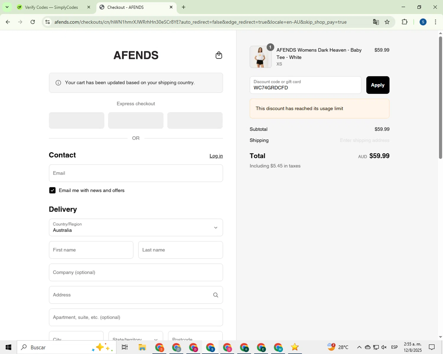 Afends promo code screenshot showing code WC74GRDCFD applied at Afends checkout page. Uploaded by SimplyCodes community member PromoSpotter9993 on Aug 12, 2025