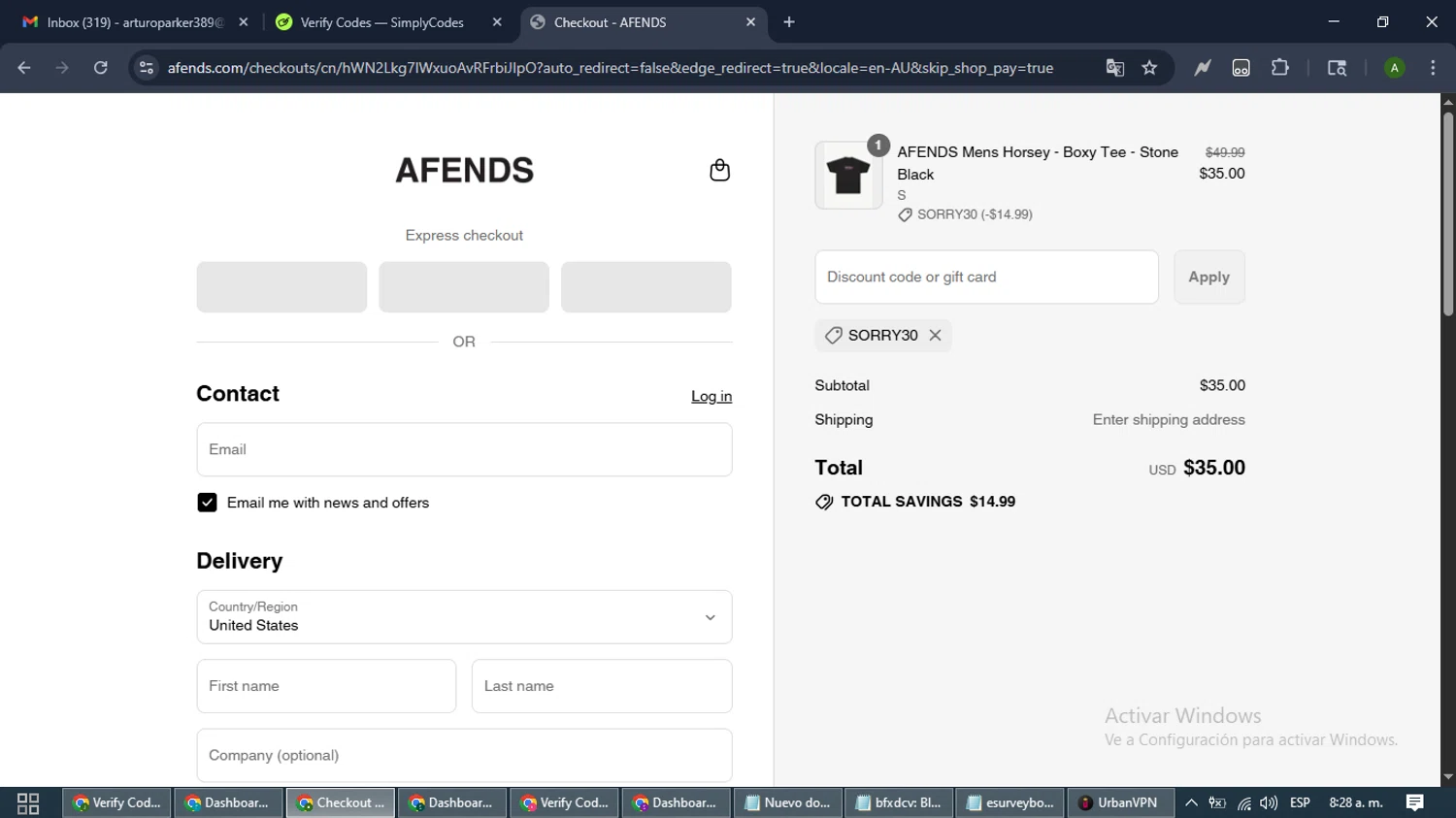 Afends promo code screenshot showing code SORRY30 applied at Afends checkout page. Uploaded by SimplyCodes community member CashLynx5338 on Aug 29, 2025