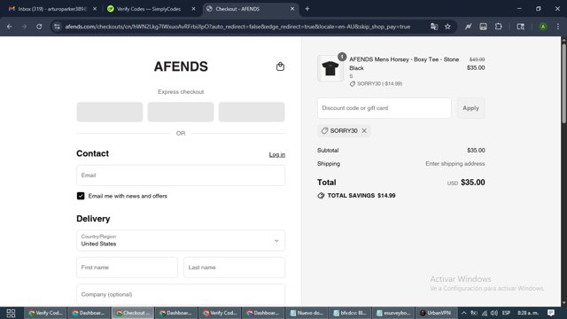 Afends checkout page showing Afends promo code box | Screenshot taken by SimplyCodes community member on Aug 29, 2025