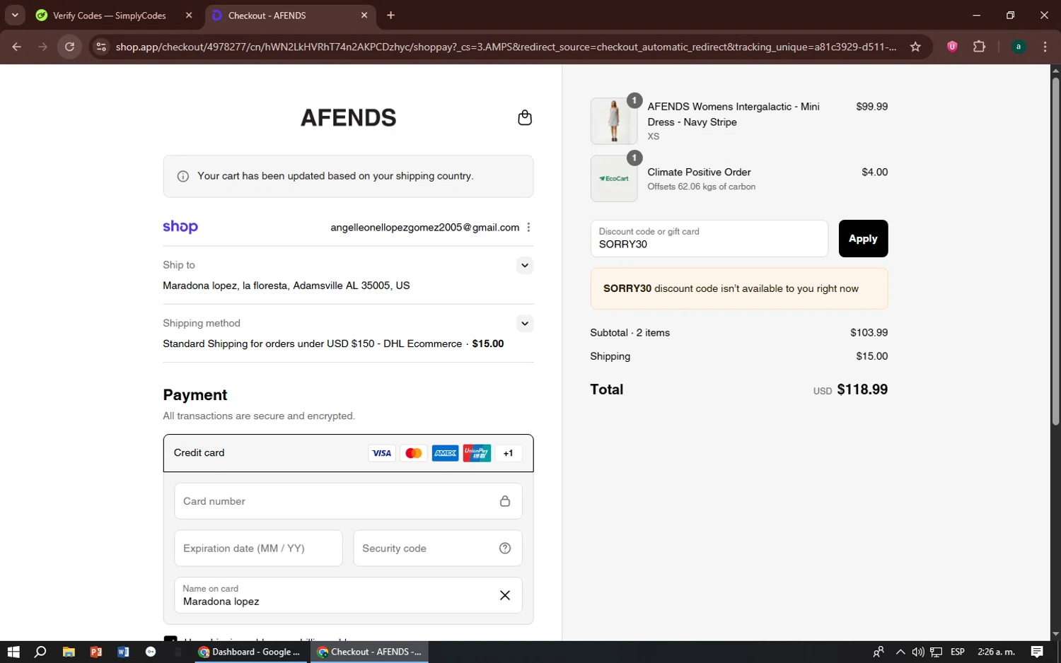 Afends promo code screenshot showing code SORRY30 applied at Afends checkout page. Uploaded by SimplyCodes community member zizu55 on Aug 29, 2025