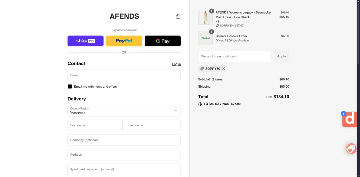 Afends promo code screenshot showing code SORRY30 applied at Afends checkout page. Uploaded by SimplyCodes community member Serdanvz on Aug 18, 2025
