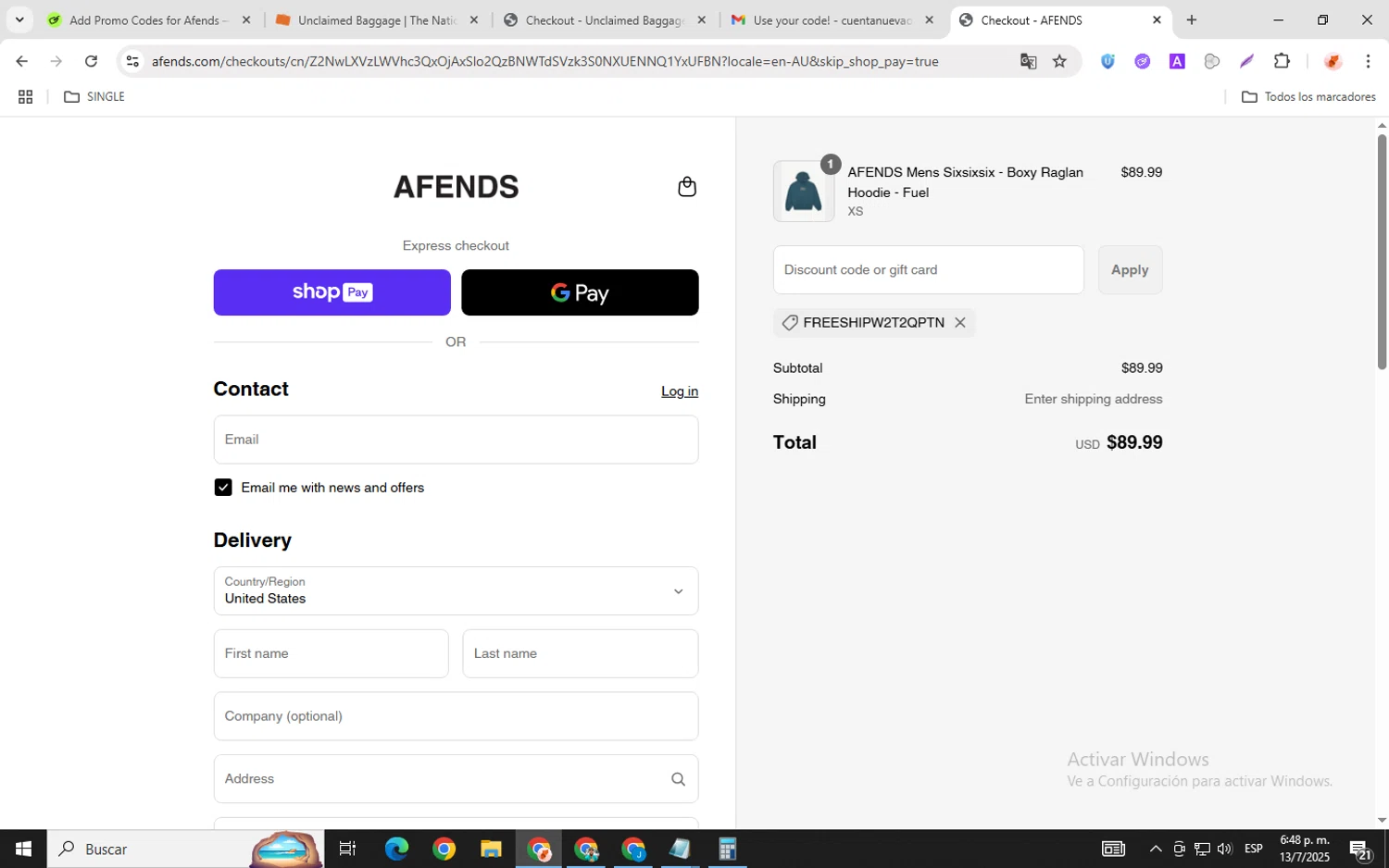 Afends promo code screenshot showing code FREESHIPW2T2QPTN applied at Afends checkout page. Uploaded by SimplyCodes community member chemozavala on Jul 13, 2025