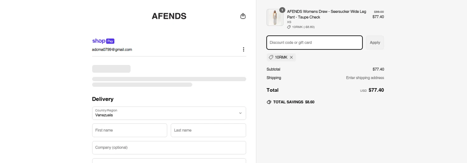 Afends promo code screenshot showing code 10RMK applied at Afends checkout page. Uploaded by SimplyCodes community member peachee on Mar 18, 2025
