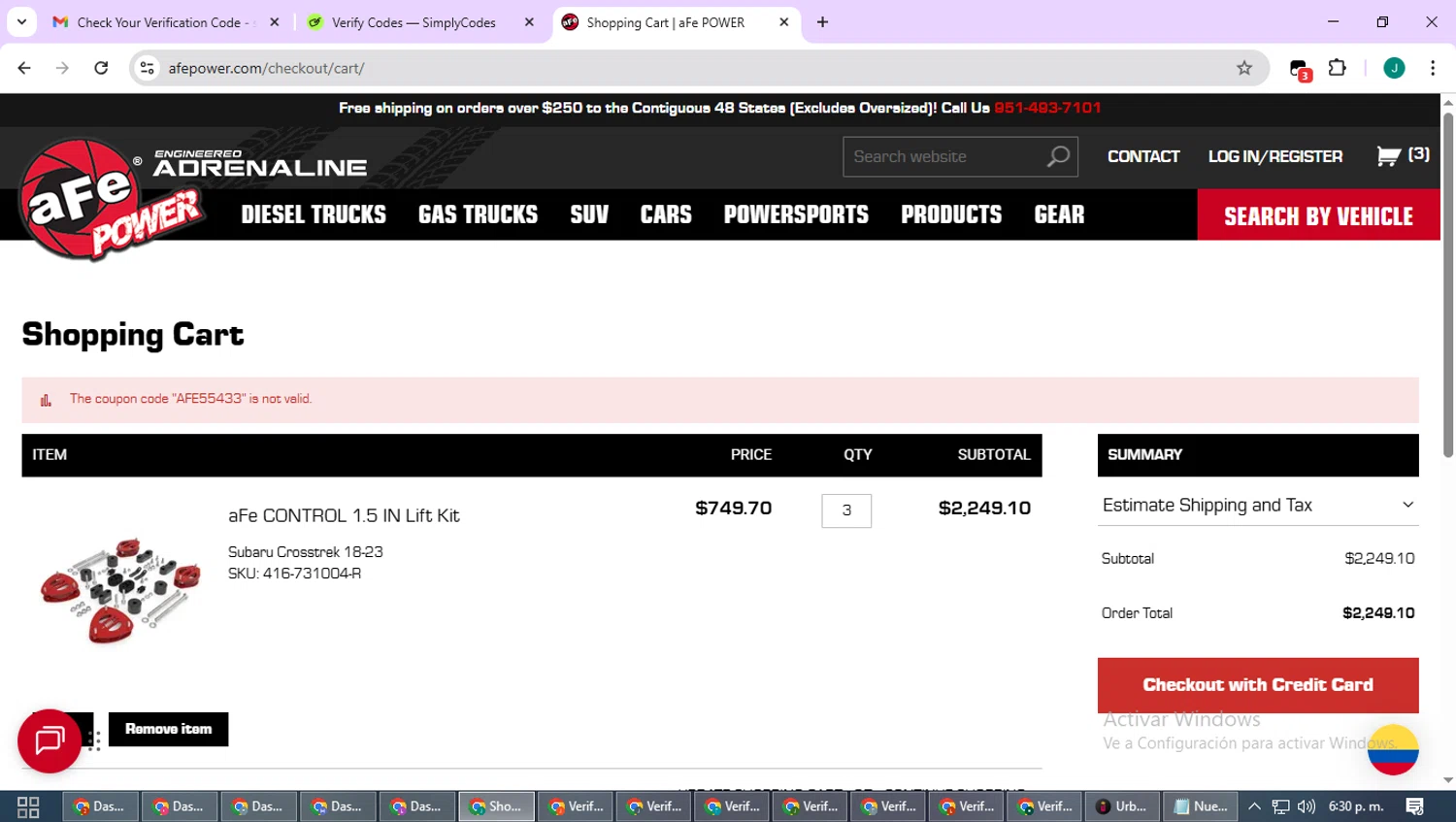 aFe Power coupon code screenshot showing code AFE55433 applied at aFe Power checkout page. Uploaded by SimplyCodes community member SavvyCurator1770 on Nov 24, 2025