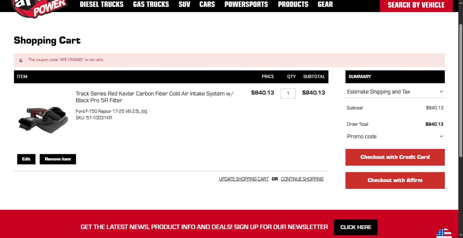 aFe Power coupon code screenshot showing code AFE15999D applied at aFe Power checkout page. Uploaded by SimplyCodes community member CodeFinder699 on Sep 1, 2025