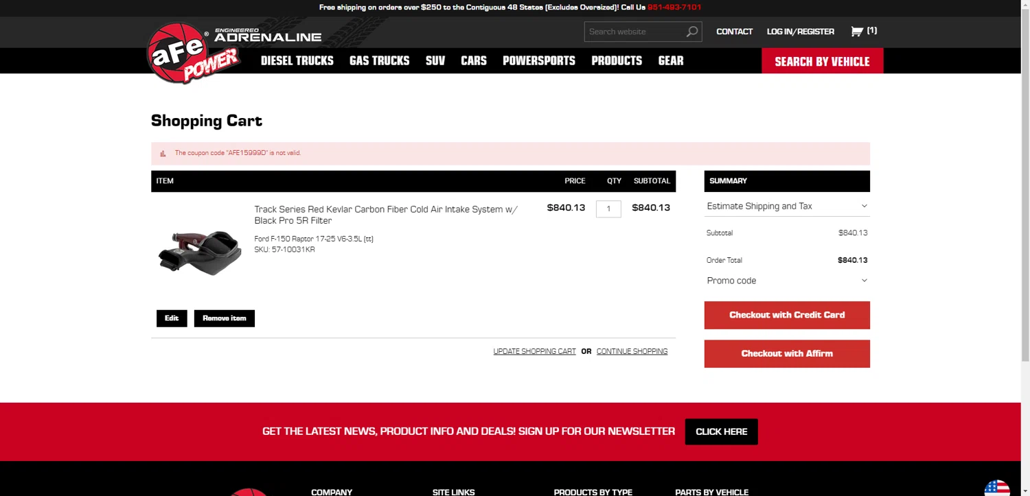 aFe Power coupon code screenshot showing code AFE15999D applied at aFe Power checkout page. Uploaded by SimplyCodes community member DiscountWarden480 on Aug 31, 2025