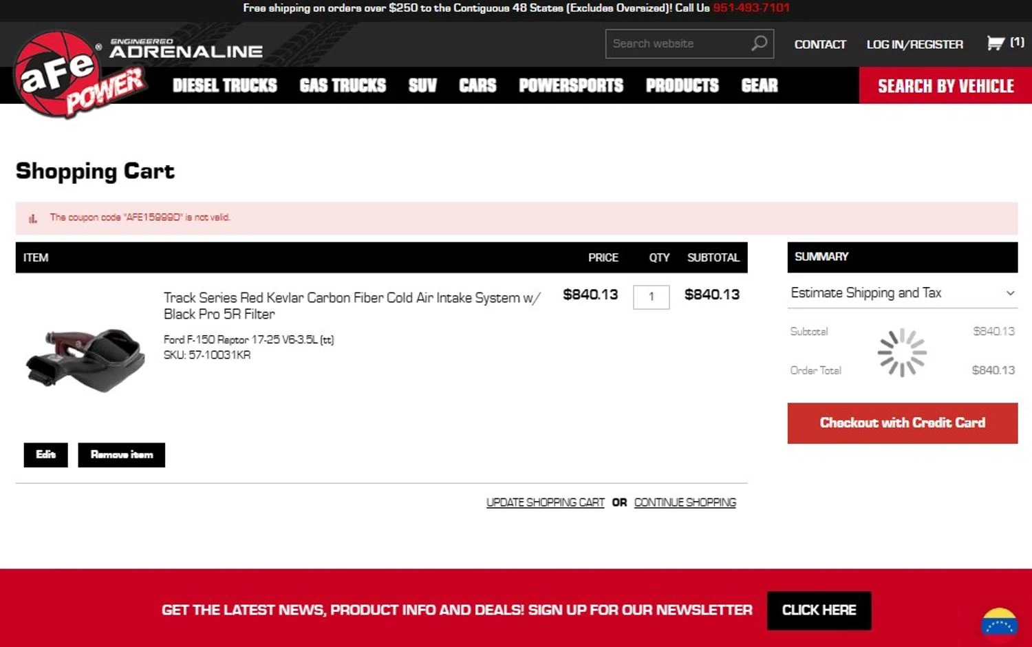 aFe Power coupon code screenshot showing code AFE15999D applied at aFe Power checkout page. Uploaded by SimplyCodes community member mikhaildelmoral on Aug 31, 2025