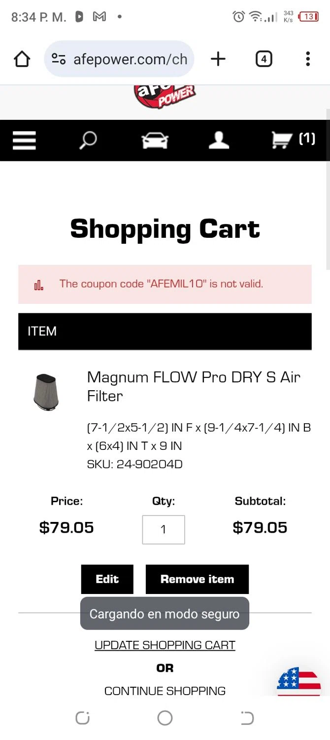 aFe Power coupon code screenshot showing code AFEMIL10 applied at aFe Power checkout page. Uploaded by SimplyCodes community member CoinBoss7109 on Sep 4, 2025