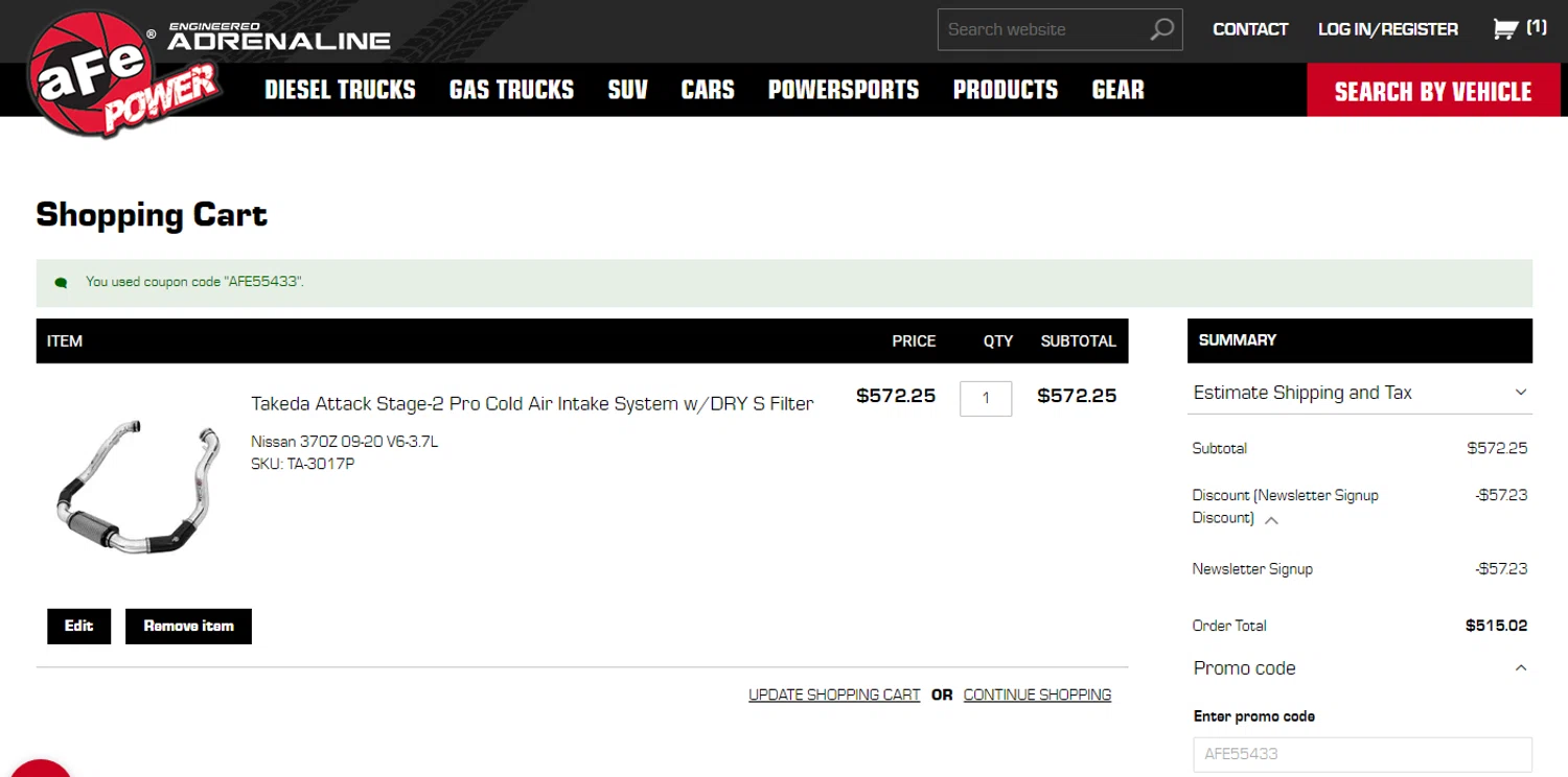 aFe Power coupon code screenshot showing code AFE55433 applied at aFe Power checkout page. Uploaded by SimplyCodes community member RonaldAcunaJr on Feb 17, 2026