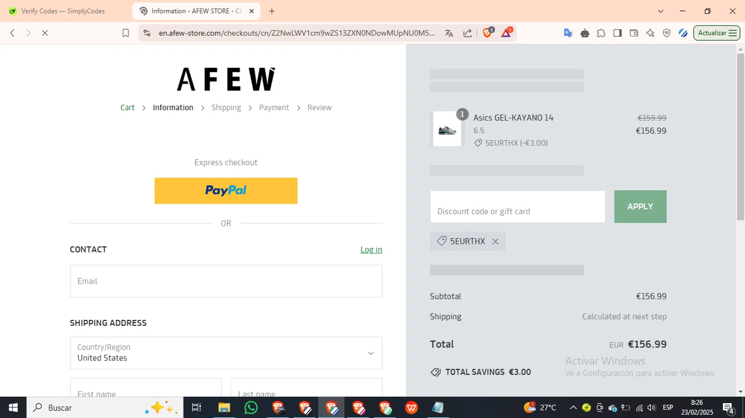 Afew Store promo code screenshot showing code 5EURTHX applied at Afew Store checkout page. Uploaded by SimplyCodes community member PennyMaverick9741 on Feb 23, 2025
