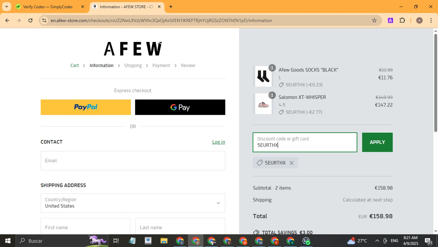 Afew Store promo code screenshot showing code 5EURTHX applied at Afew Store checkout page. Uploaded by SimplyCodes community member CoinHunter8661 on Apr 9, 2025