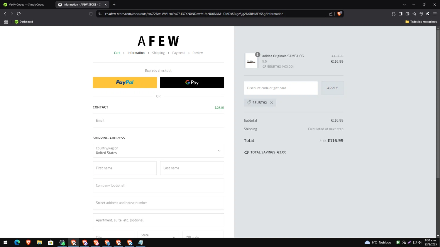 Afew Store promo code screenshot showing code 5EURTHX applied at Afew Store checkout page. Uploaded by SimplyCodes community member genesisgafaro on Feb 23, 2025