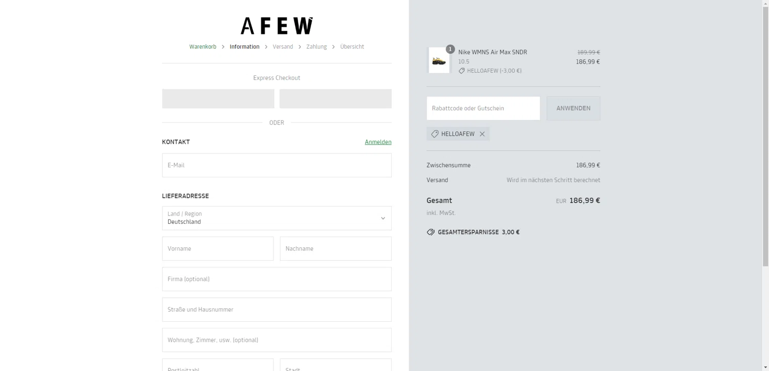 Afew Store promo code screenshot showing code HELLOAFEW applied at Afew Store checkout page. Uploaded by SimplyCodes community member ThriftyPhoenix5129 on May 24, 2025