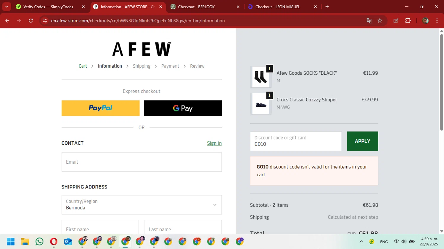 Afew Store promo code screenshot showing code GO10 applied at Afew Store checkout page. Uploaded by SimplyCodes community member David_Gut_Sonic on Sep 22, 2025