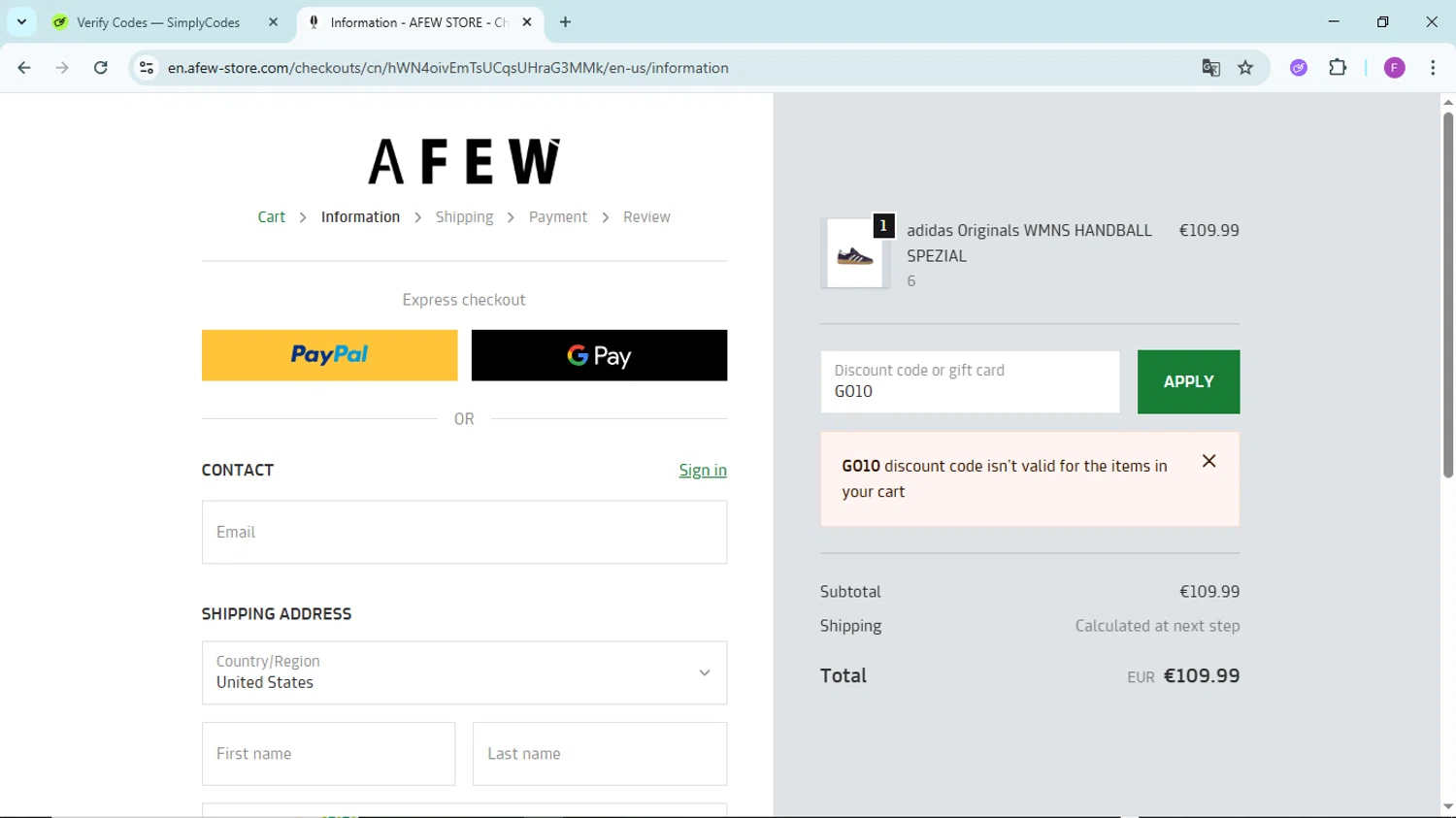 Afew Store promo code screenshot showing code GO10 applied at Afew Store checkout page. Uploaded by SimplyCodes community member ShieldTitan6985 on Nov 2, 2025