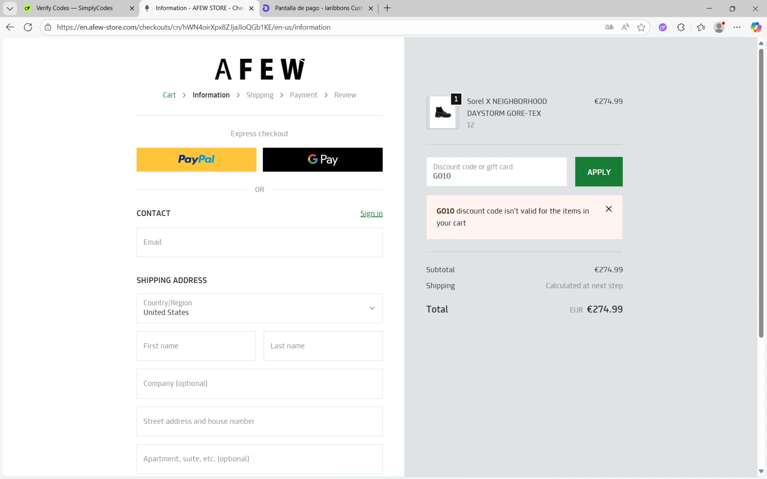 Afew Store promo code screenshot showing code GO10 applied at Afew Store checkout page. Uploaded by SimplyCodes community member juan1702 on Nov 2, 2025
