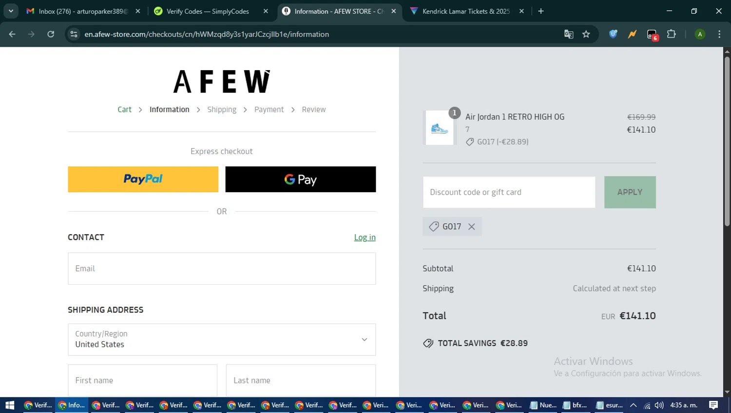Afew Store promo code screenshot showing code GO17 applied at Afew Store checkout page. Uploaded by SimplyCodes community member CashLynx5338 on Jun 24, 2025