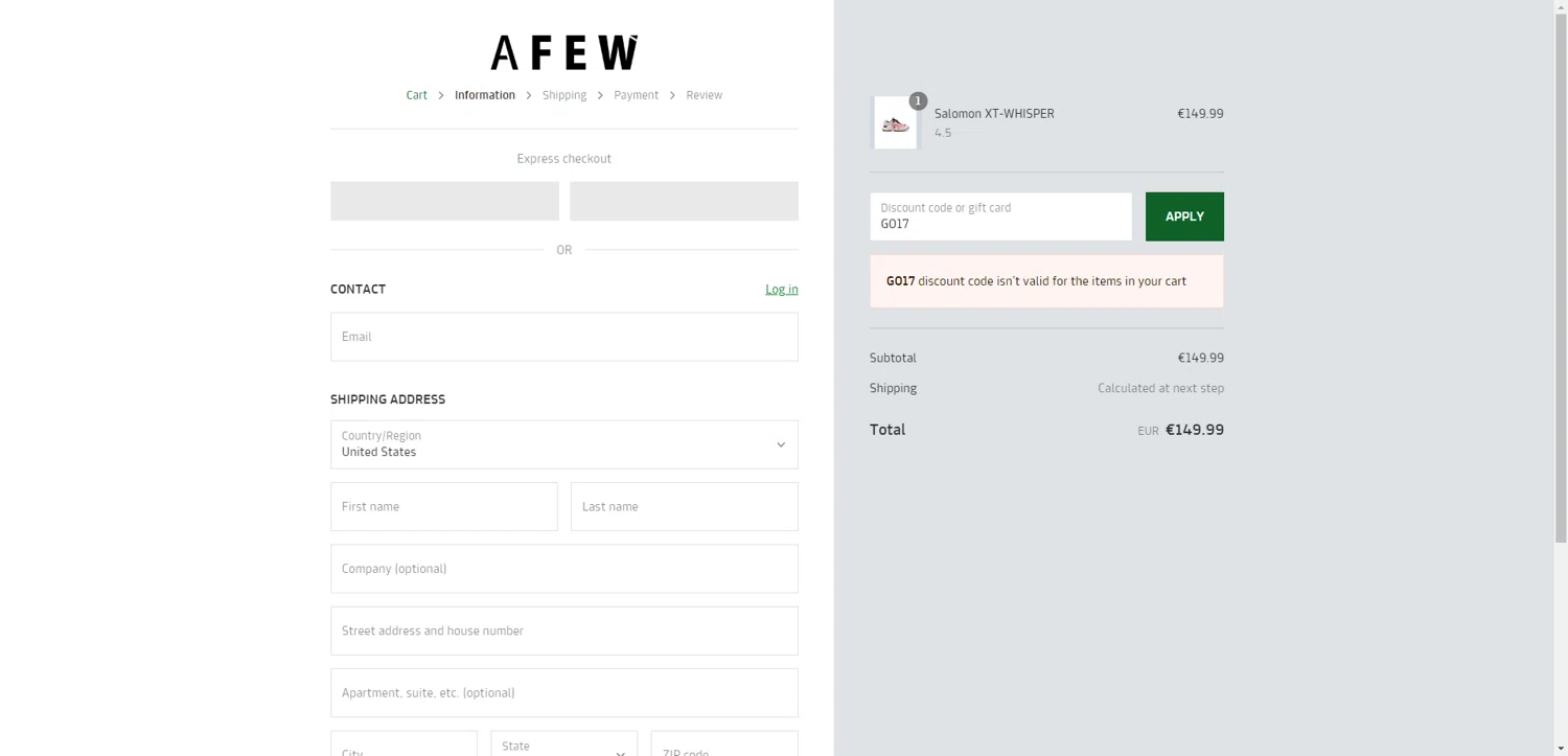 Afew Store promo code screenshot showing code GO17 applied at Afew Store checkout page. Uploaded by SimplyCodes community member aver_136263192 on Apr 30, 2025