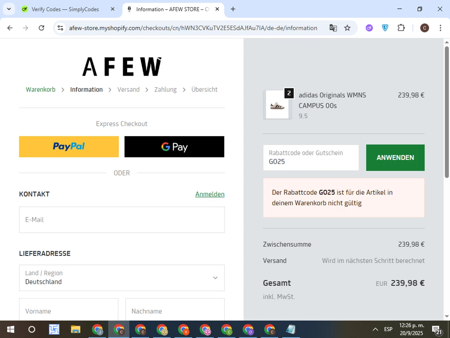 Afew Store promo code screenshot showing code GO25 applied at Afew Store checkout page. Uploaded by SimplyCodes community member TreasureFox8596 on Sep 20, 2025