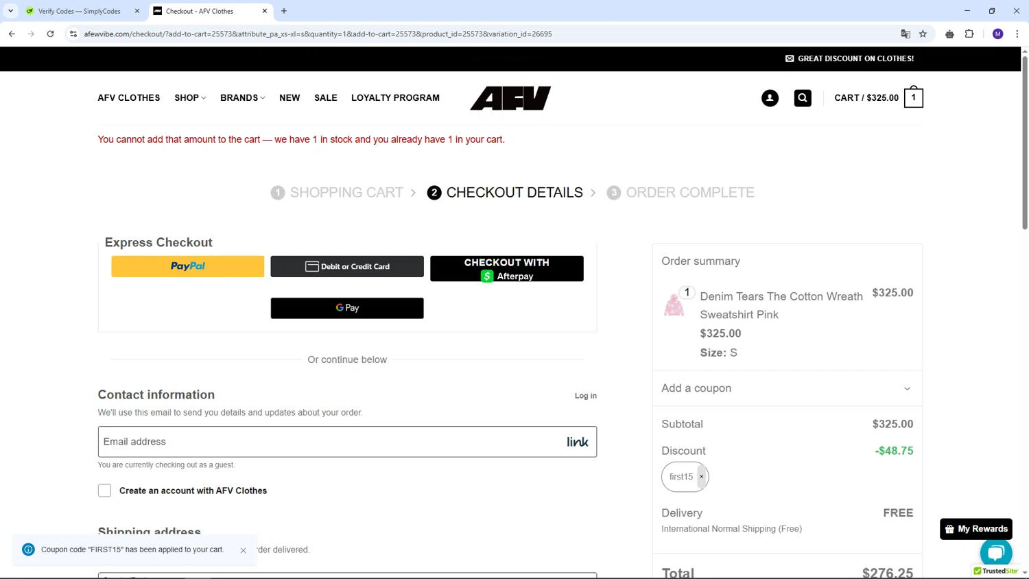A Few Vibe promo code screenshot showing code FIRST15 applied at A Few Vibe checkout page. Uploaded by SimplyCodes community member CRF250CC on Apr 18, 2025