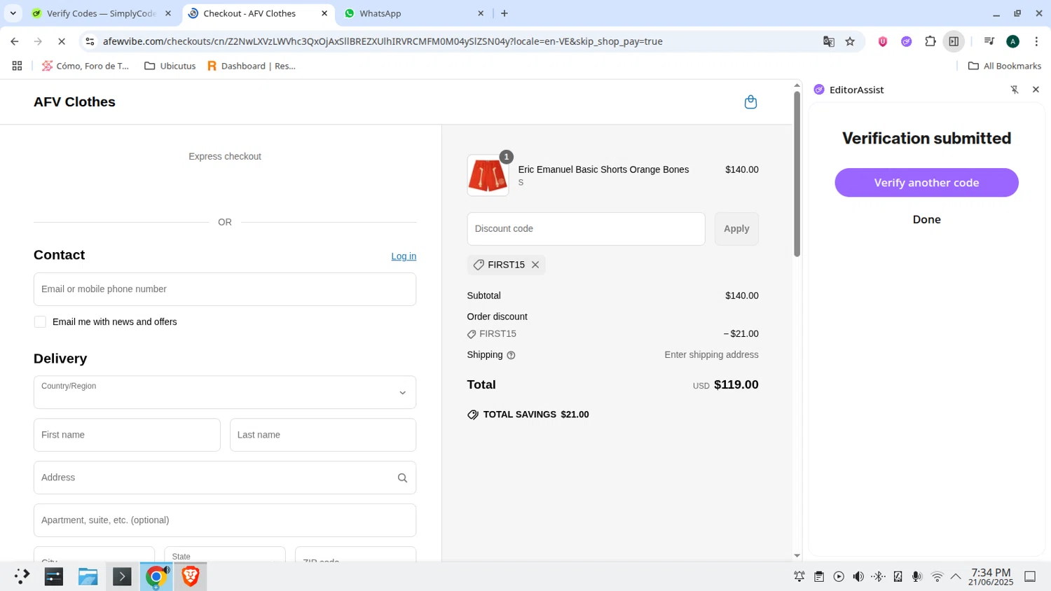 A Few Vibe promo code screenshot showing code FIRST15 applied at A Few Vibe checkout page. Uploaded by SimplyCodes community member admeneses on Jun 21, 2025