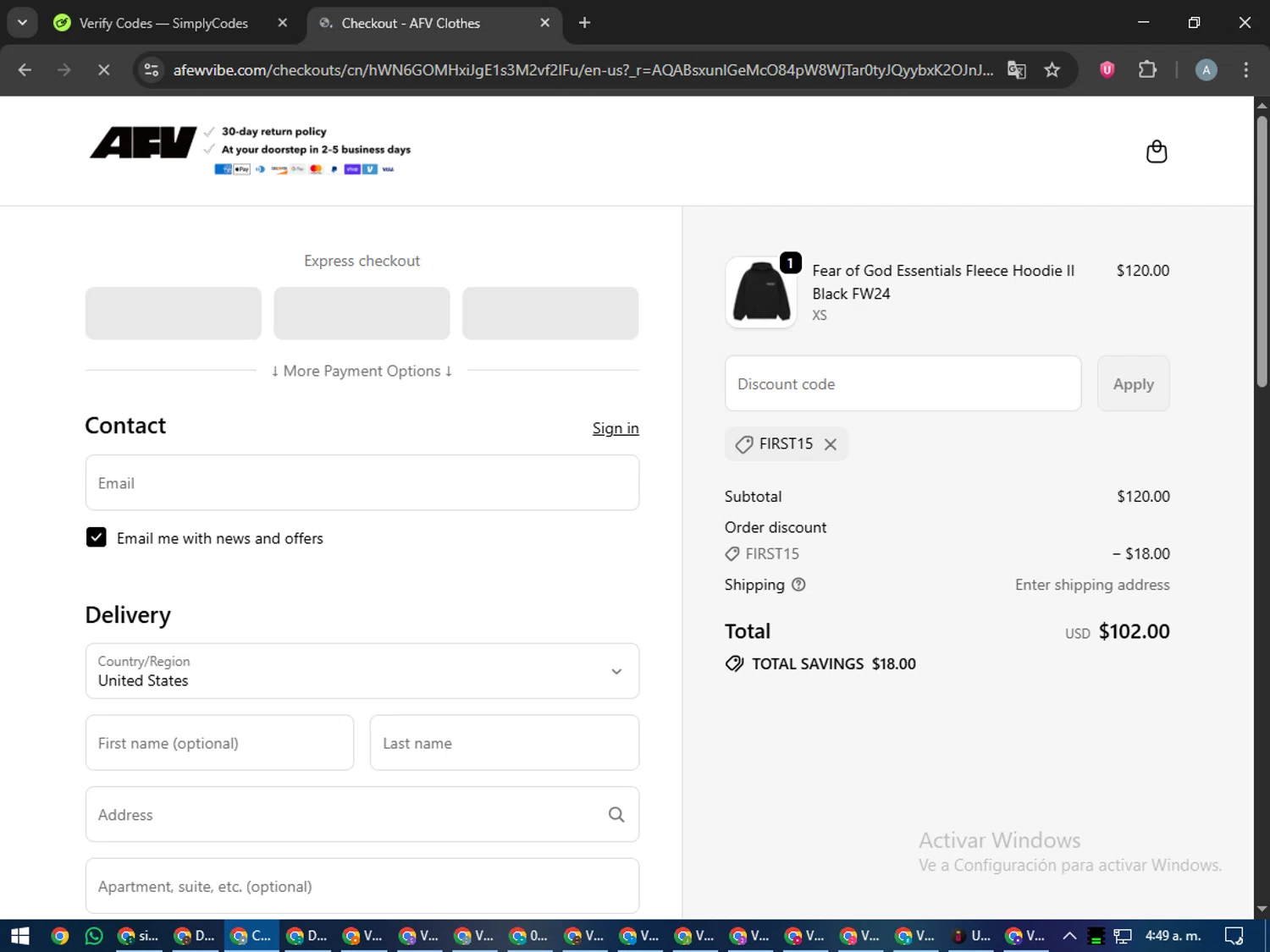 A Few Vibe promo code screenshot showing code FIRST15 applied at A Few Vibe checkout page. Uploaded by SimplyCodes community member trippieredd on Dec 10, 2025