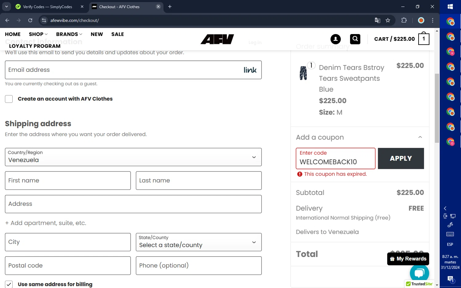 A Few Vibe promo code screenshot showing code WELCOMEBACK10 applied at A Few Vibe checkout page. Uploaded by SimplyCodes community member GoldPilot5958 on Dec 31, 2024