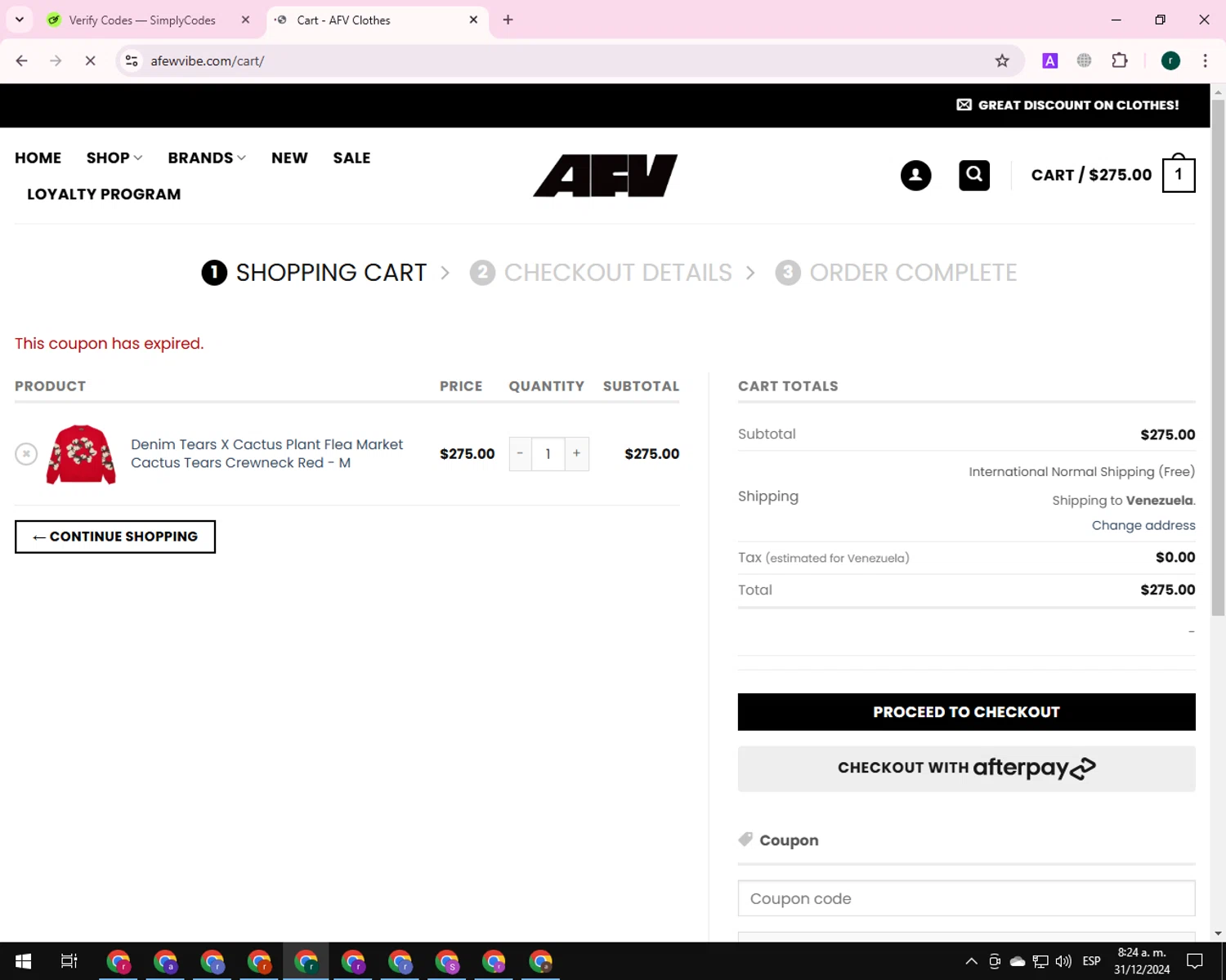 A Few Vibe promo code screenshot showing code WELCOMEBACK10 applied at A Few Vibe checkout page. Uploaded by SimplyCodes community member BrilliantSleuth9299 on Dec 31, 2024