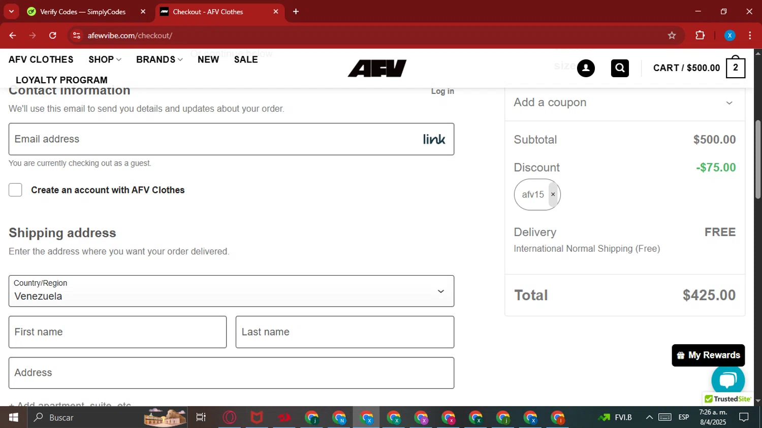 A Few Vibe promo code screenshot showing code AFV15 applied at A Few Vibe checkout page. Uploaded by SimplyCodes community member ValueHawk9995 on Apr 8, 2025