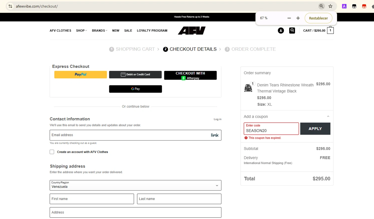 A Few Vibe promo code screenshot showing code SEASON20 applied at A Few Vibe checkout page. Uploaded by SimplyCodes community member Samugl21 on Apr 2, 2025