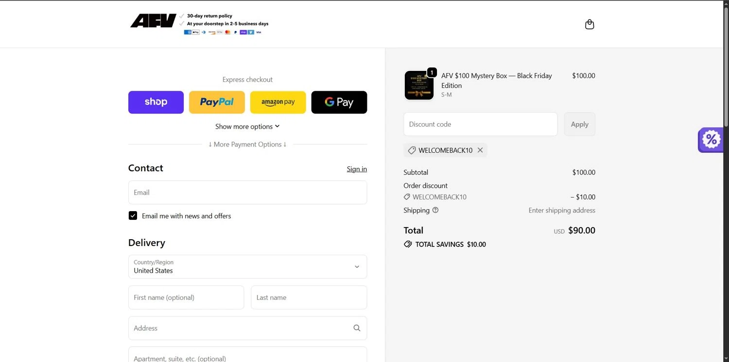 A Few Vibe promo code screenshot showing code WELCOMEBACK10 applied at A Few Vibe checkout page. Uploaded by SimplyCodes community member Depressive on Dec 28, 2025