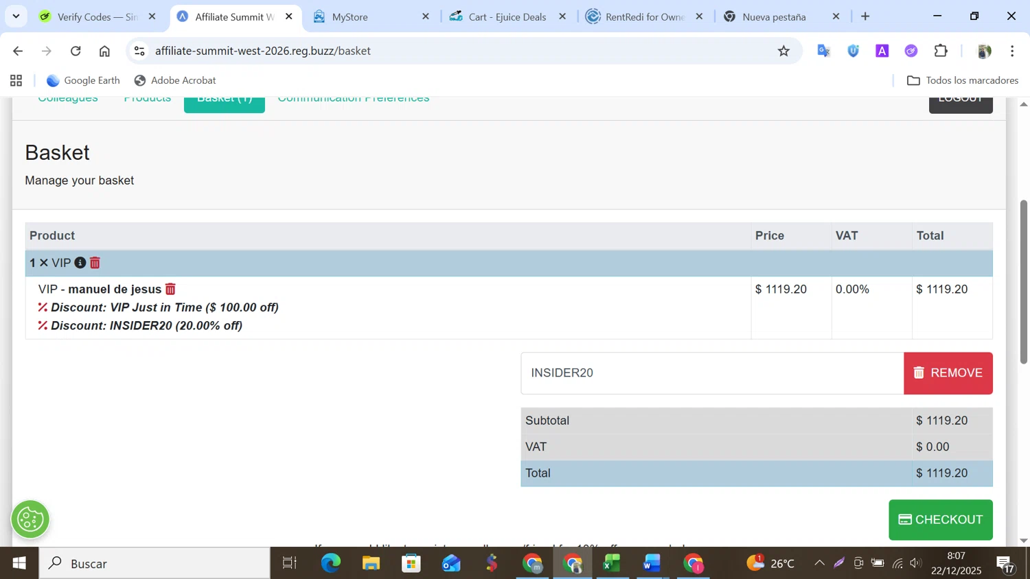Affiliate Summit promo code screenshot showing code INSIDER20 applied at Affiliate Summit checkout page. Uploaded by SimplyCodes community member NobleMonarch5837 on Dec 22, 2025