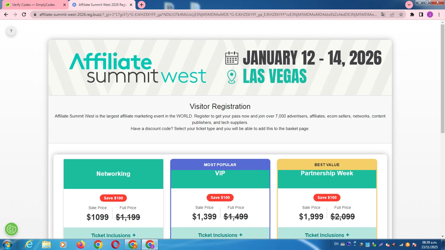Affiliate Summit promo code screenshot showing code INSIDER20 applied at Affiliate Summit checkout page. Uploaded by SimplyCodes community member christophersierra on Nov 23, 2025