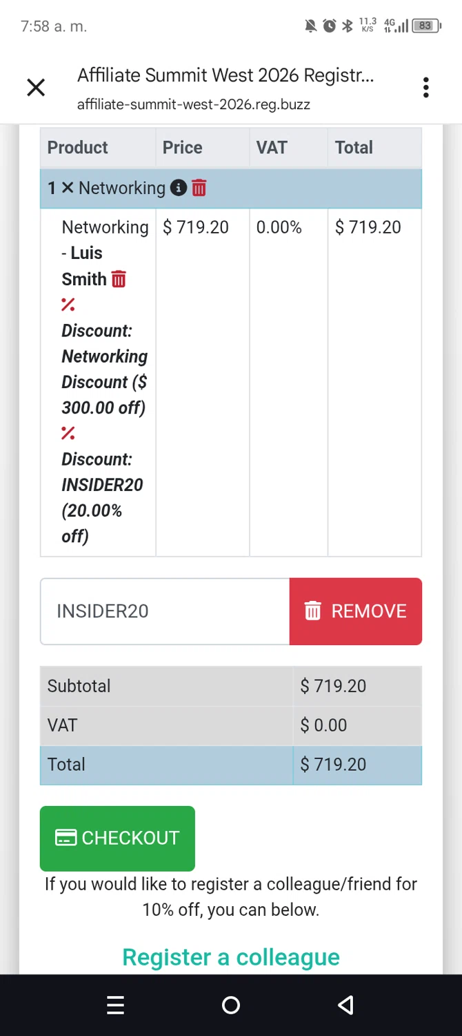 Affiliate Summit promo code screenshot showing code INSIDER20 applied at Affiliate Summit checkout page. Uploaded by SimplyCodes community member leiraM on Oct 25, 2025