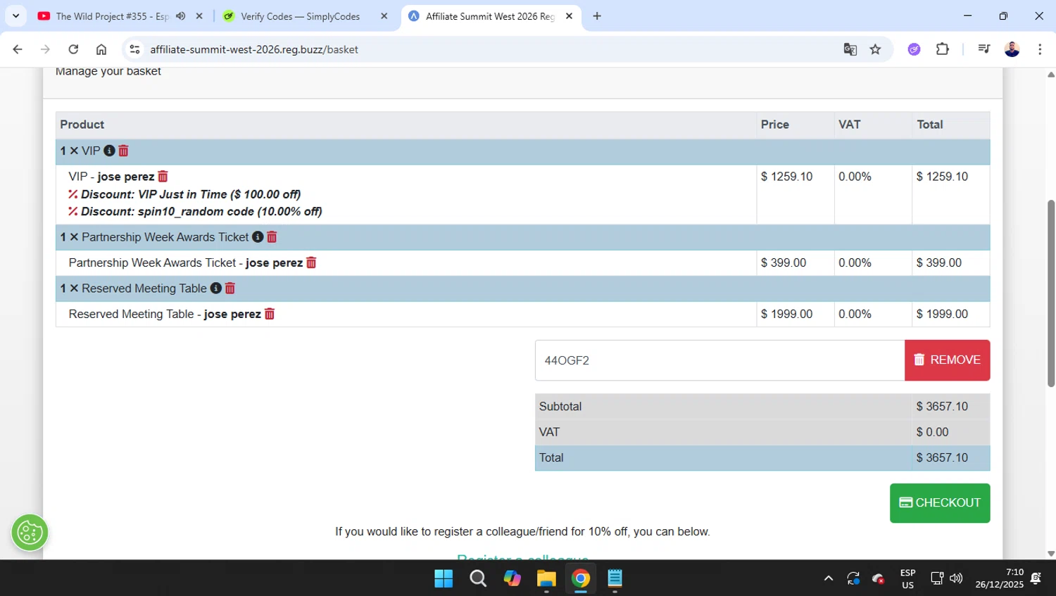 Affiliate Summit promo code screenshot showing code 44OGF2 applied at Affiliate Summit checkout page. Uploaded by SimplyCodes community member joseg151520 on Dec 26, 2025