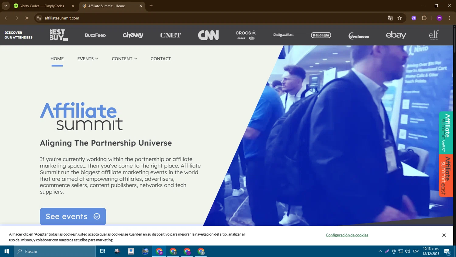 Affiliate Summit promo code screenshot showing code COMEBACK applied at Affiliate Summit checkout page. Uploaded by SimplyCodes community member ExtraordinaryGuardian7753 on Dec 19, 2025