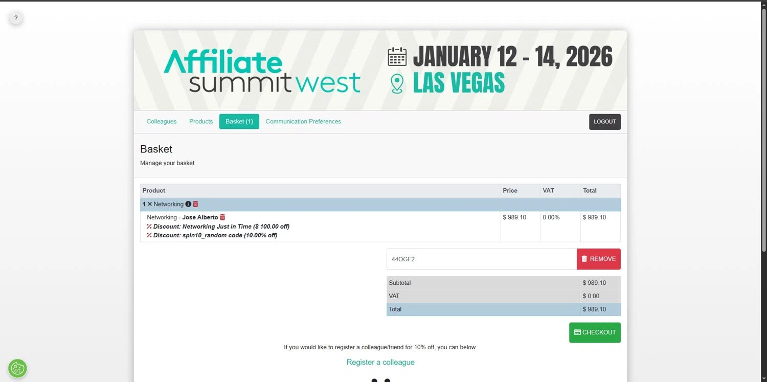 Affiliate Summit promo code screenshot showing code 44OGF2 applied at Affiliate Summit checkout page. Uploaded by SimplyCodes community member Depressive on Nov 27, 2025