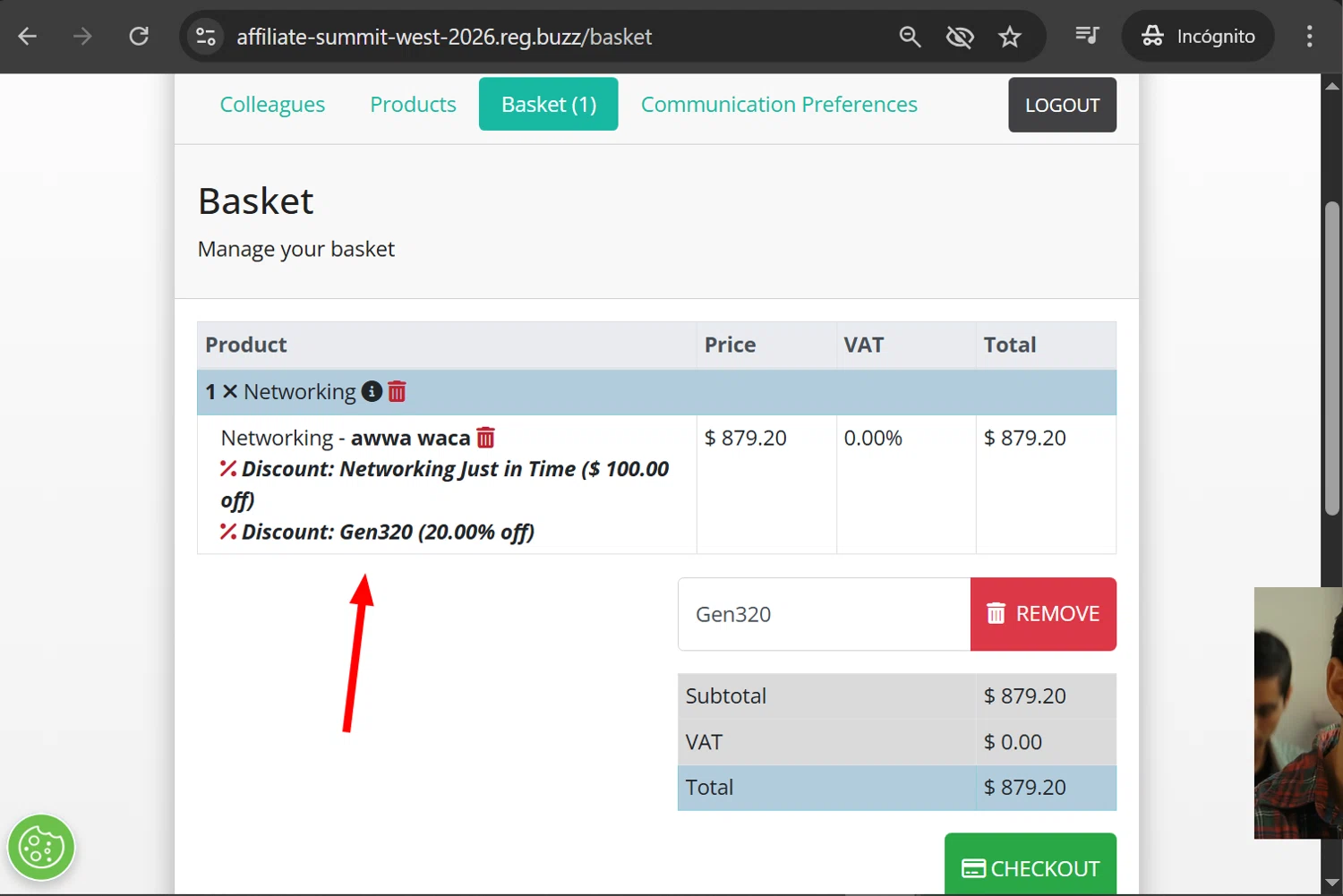 Affiliate Summit promo code screenshot showing code Gen320 applied at Affiliate Summit checkout page. Uploaded by SimplyCodes community member anosesmith on Dec 8, 2025