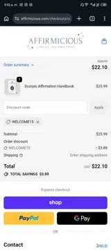 WELCOME15 coupon verification screenshot